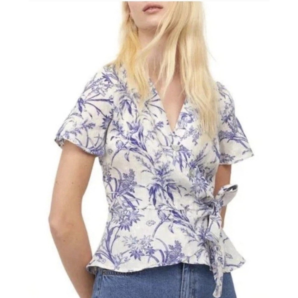 H&M Linen Blue White Floral Toile Wrap Blouse S Short Sleeve Top Spring Easter